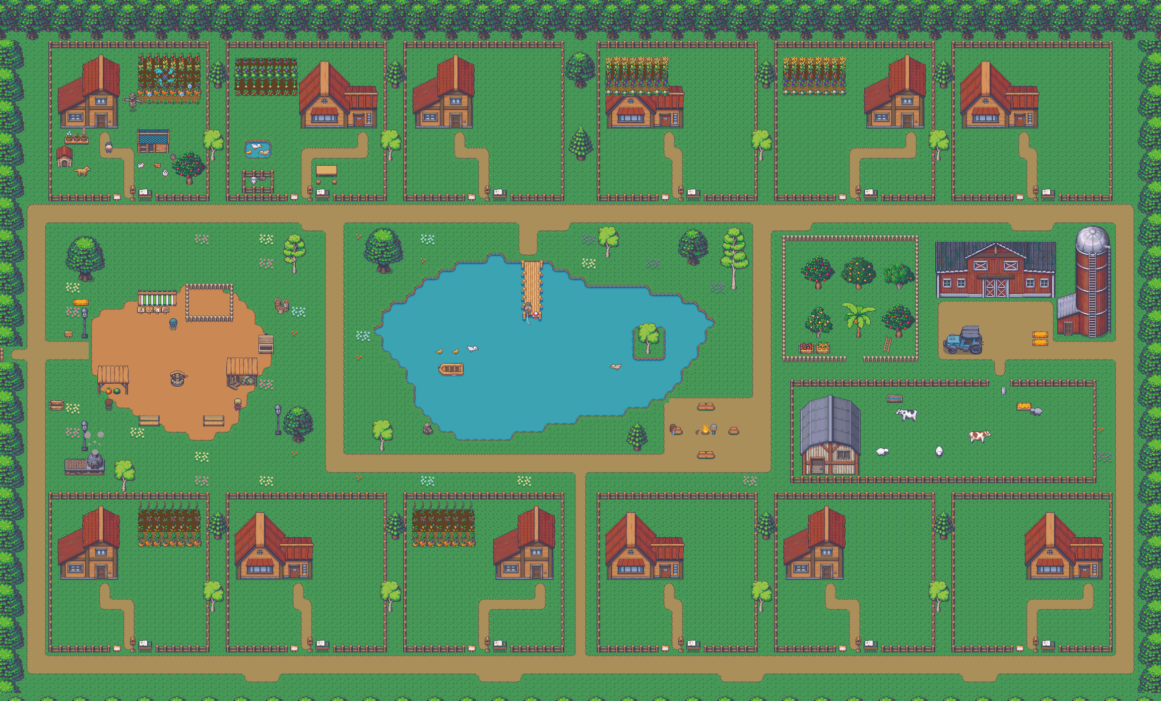 Mapa da roça: doze quintais em duas ruas e, no meio, a praça da feira, o lago com píer, a fogueira, o pomar, o celeiro e o pasto com vacas e ovelhas.