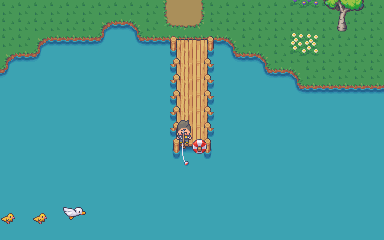 Alguém pescando na ponta do píer, com a boia na água, e patos nadando no lago.