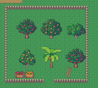 O pomar cercado, com macieira, laranjeira, pessegueiro, limoeiro, bananeira e mais uma macieira, todas com fruta.